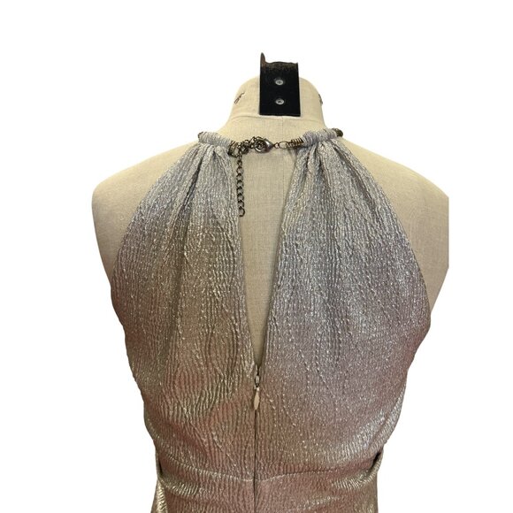 XSCAPE Silver Metallic Halter Neck Gown With Chain Detail Elegant Long Dress Eve - Picture 6 of 11